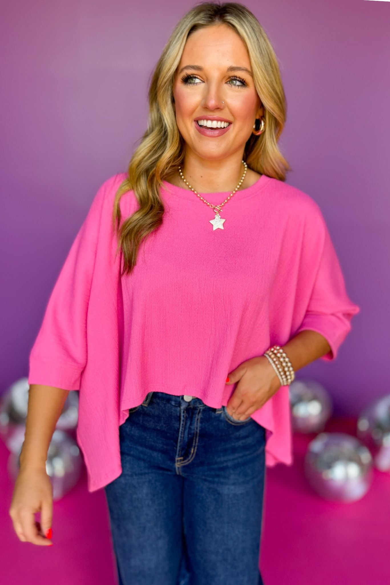 Pink Round Neck Dolman Sleeve Texture Top, top, round neck top, dolman sleeve top, texture top, pink top, pink round neck top, pink dolman sleeve top, pink texture top, must have top, elevated top, elevated style,  summer top, summer style, Shop Style Your Senses by Mallory Fitzsimmons, SSYS by Mallory Fitzsimmons