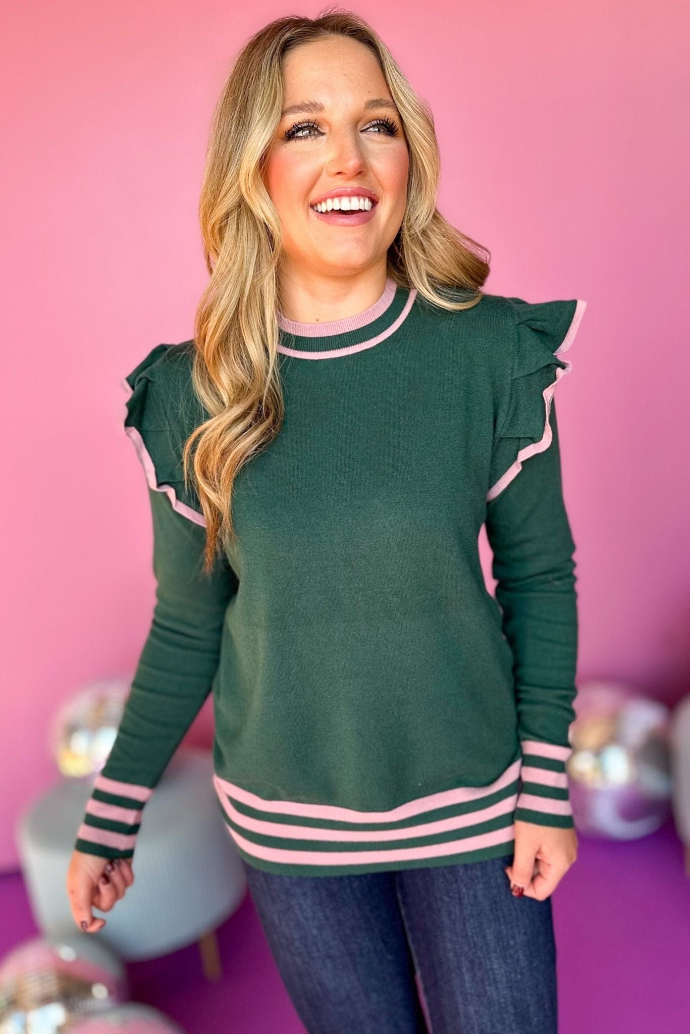 Hunter Green Striped Detail Ruffle Shoulder Long Sleeve Sweater, must have sweater, must have style, must have fall, fall collection, fall fashion, elevated style, elevated sweater, mom style, fall style, shop style your senses by mallory fitzsimmons