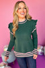 Hunter Green Striped Detail Ruffle Shoulder Long Sleeve Sweater, must have sweater, must have style, must have fall, fall collection, fall fashion, elevated style, elevated sweater, mom style, fall style, shop style your senses by mallory fitzsimmons