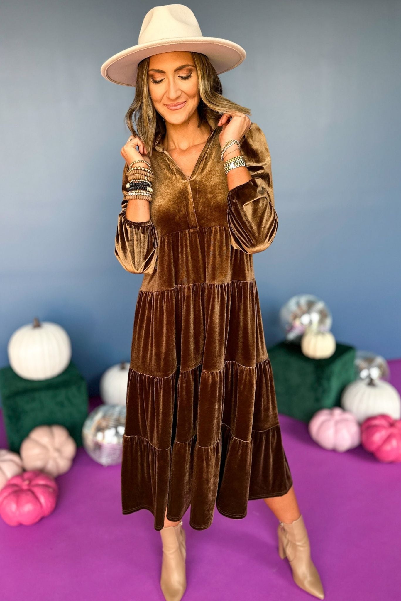 SSYS The Lillian Dress In Taupe Velvet, elevated style, elevated dress, velvet dress, SSYS the label, must have dress, must have style, fall fashion, fall style, fall dresss, mom style, shop style your senses by mallory fitzsimmons