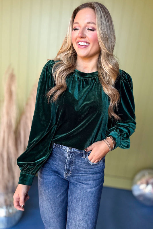  Hunter Green Velvet Long Peasant Sleeve Top *FINAL SALE* *Final Sale*, must have top, must have style, must have velvet, fall collection, fall fashion, elevated style, elevated top, mom style, fall style, shop style your senses by mallory fitzsimmons