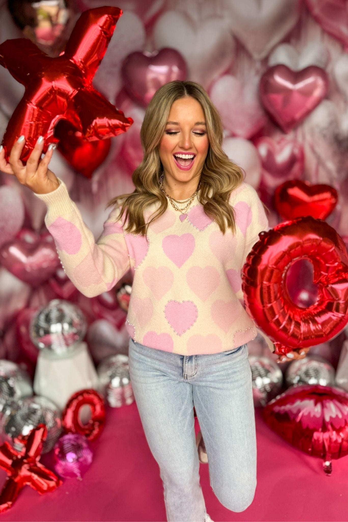 Cream Pink Heart Sweater, must have sweater, must have style, valentines style, valentines fashion, elevated style, elevated dress, mom style, valentines collection, winter sweater, shop style your senses by mallory fitzsimmons