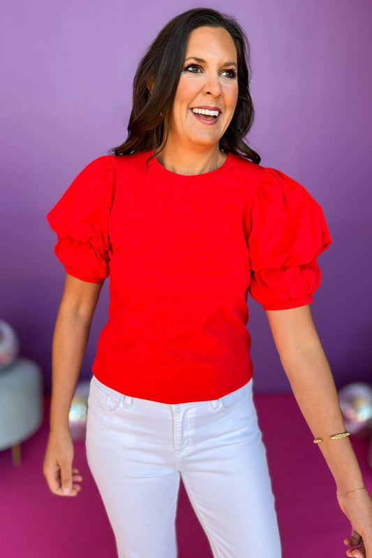 Red Layered Bubble Short Sleeve Top, office top, work wear, must have top, must have style, summer style, spring fashion, elevated style, elevated top, mom style, shop style your senses by mallory fitzsimmons, ssys by mallory fitzsimmons