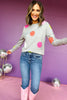 THML Grey Colorful Smiley Polka Dot Sweater, elevated style, elevated sweater, must have style, must have sweater, smiley sweater, smiley face, printed sweater, must have sweater, fall style, fall sweater, fun mom style, fun mom sweater, shop style your senses by mallory fitzsimmons