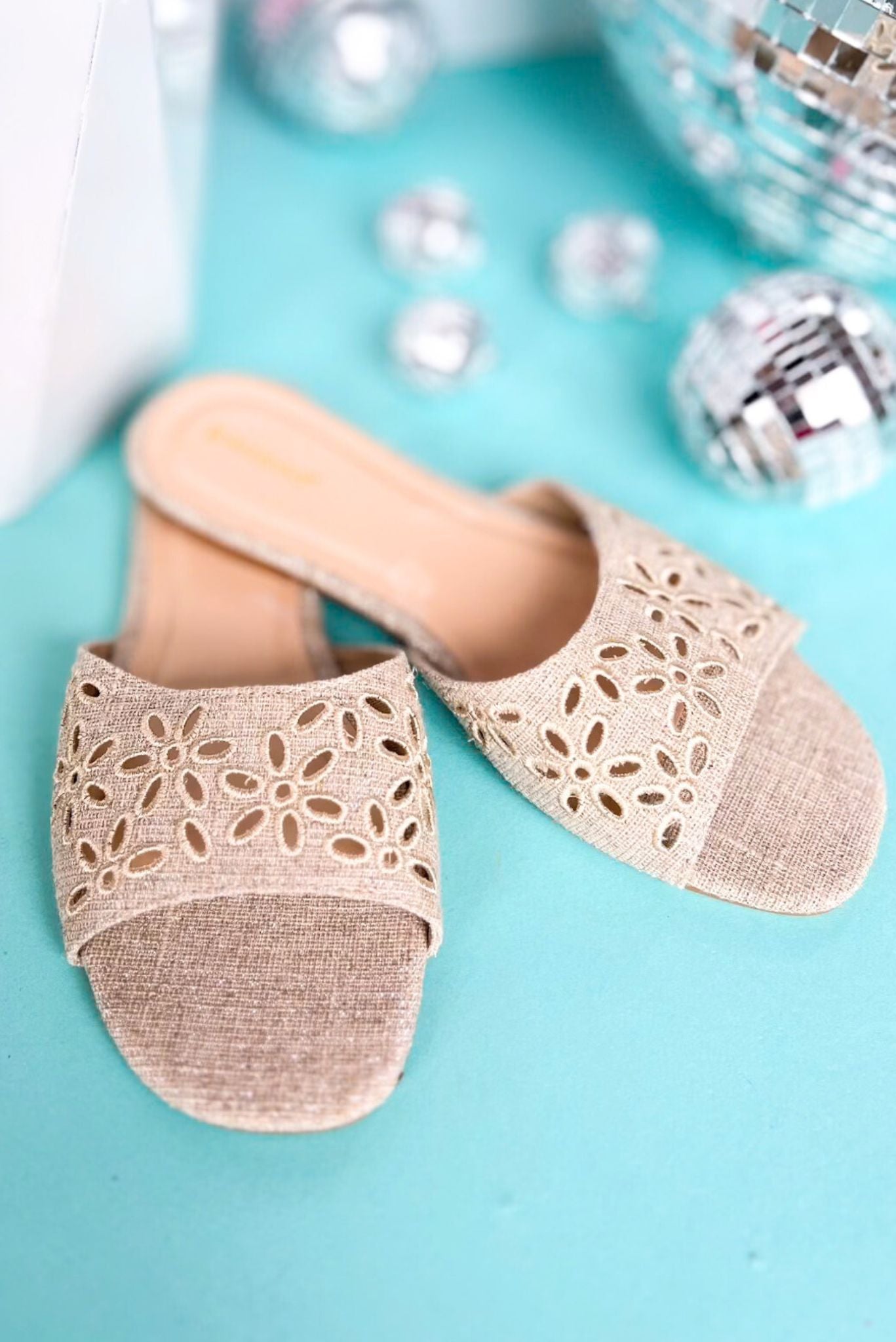  Natural Linen Embroidered One Band Slide Sandals, shoes, must have sandals, eyelet sandals, elevated style, summer sandals, ssys by MALLORY FITZSIMMONS