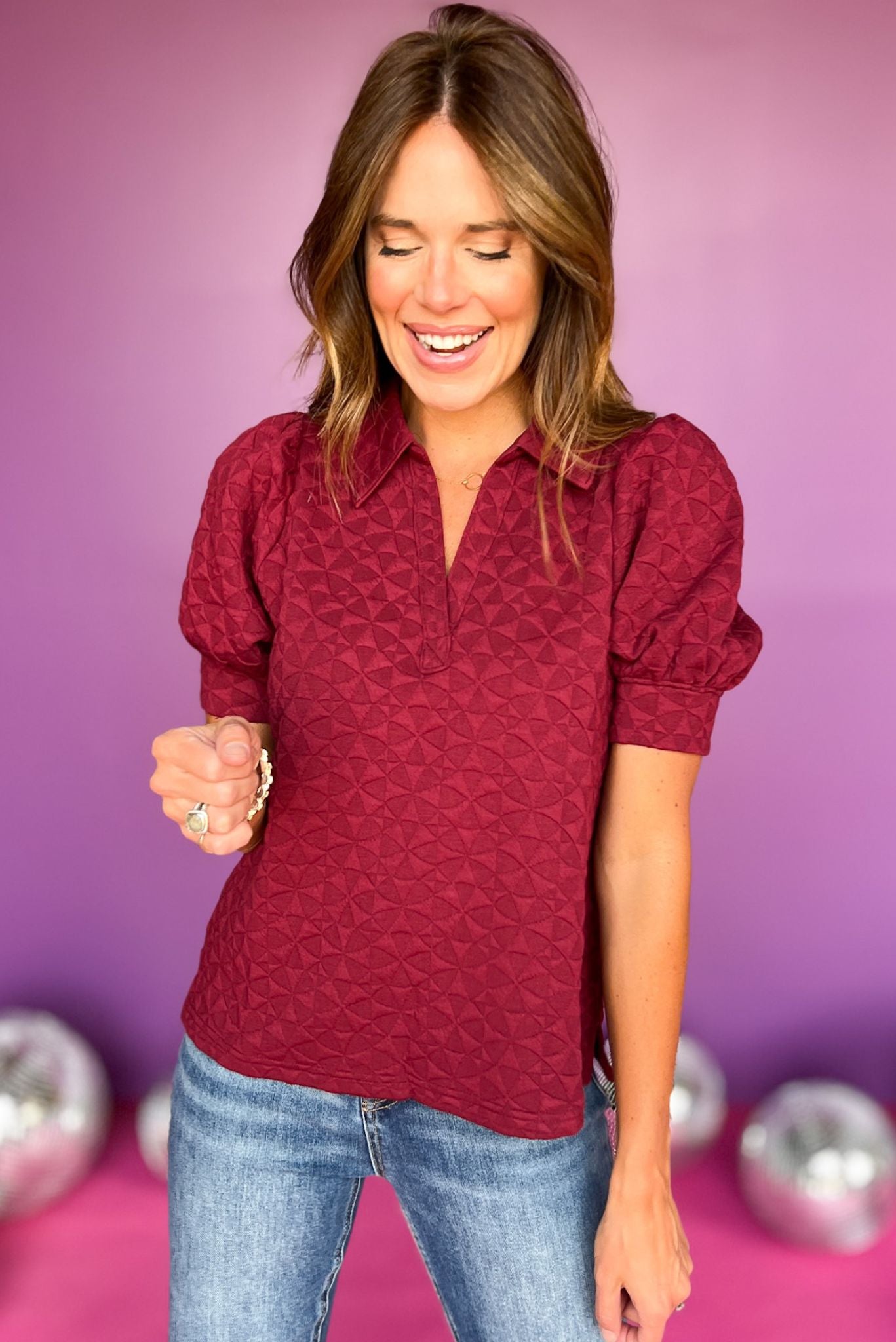 Burgundy Textured Collared V Neck Short Sleeve Top, top, textured top, collared top, v neck top, short sleeve top, burgundy top, burgundy textured top, burgundy collared top, burgundy v neck top, burgundy short sleeve top, must have top, must have burgundy top, elevated top, elevated burgundy top, elevated style, Shop Style Your Senses by Mallory Fitzsimmons, SSYS by Mallory Fitzsimmons