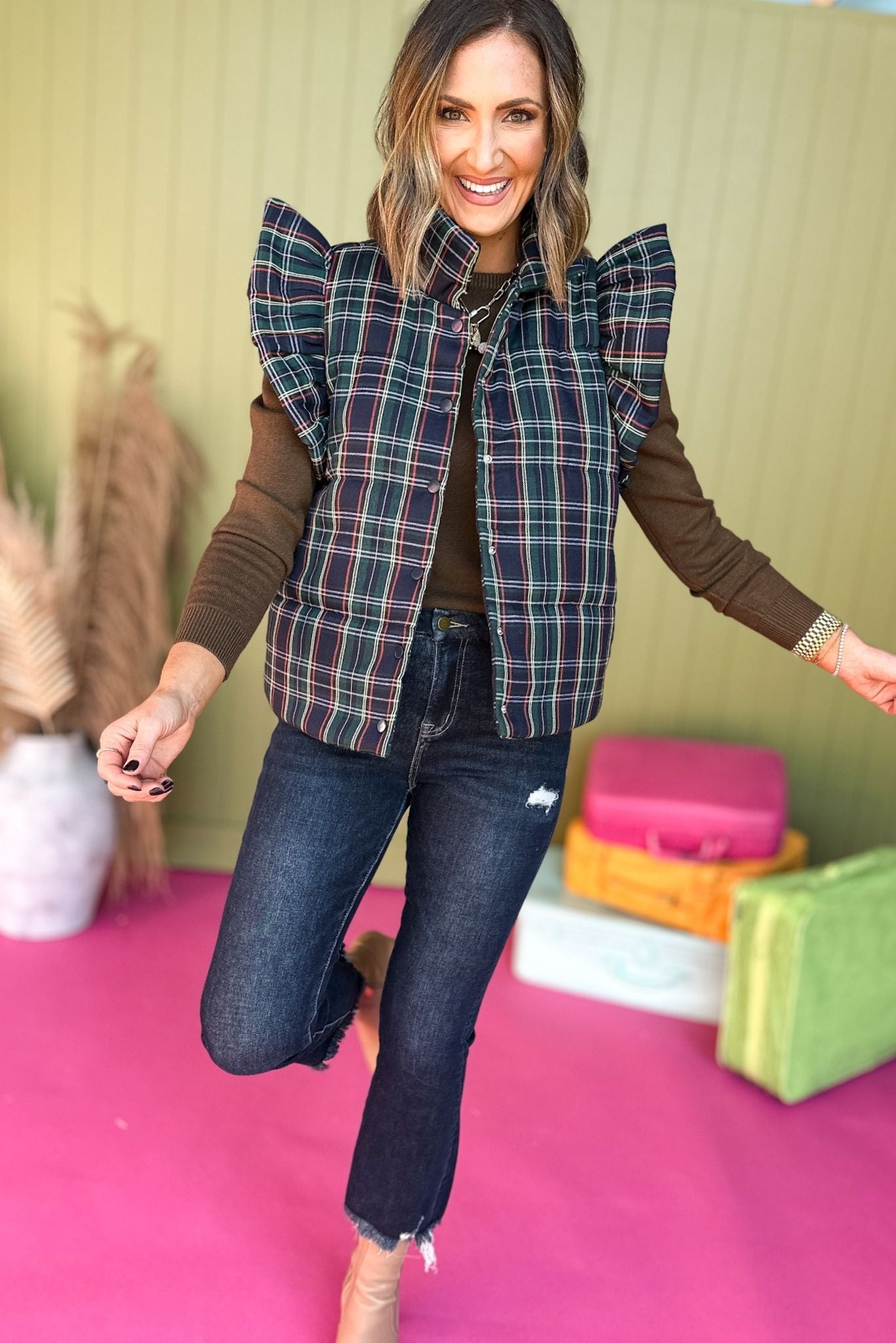 Navy Plaid Ruffle Shoulder Vest, must ahve vest, must have style, must have fall, fall fashion, fall style, affordable style, mom style ,elevated style, elevated vest, plaid vest, shop style your senses by mallory fitzsimmons