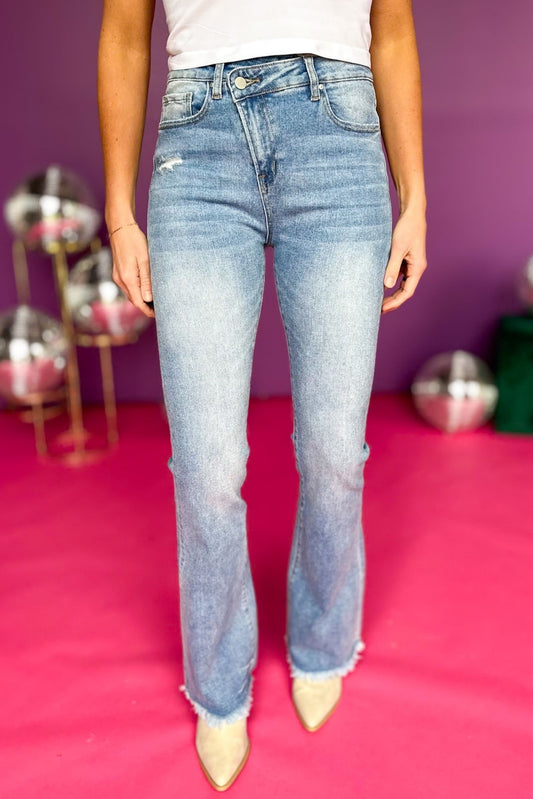 Mica Light Wash High Rise Crossover Waist Flare Jeans, must have jeans, must have style, must have comfortable style, spring fashion, spring style, street style, mom style, elevated comfortable, elevated style, shop style your senses by mallory fitzsimmons