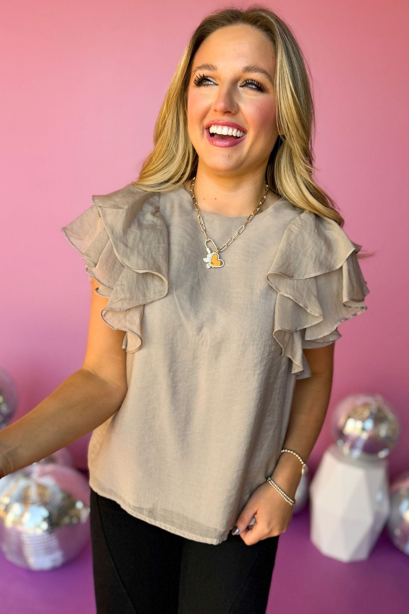 Light Tan Ruffle Layer Sleeve Top, must have top, must have style, fall style, fall fashion, elevated style, elevated top, mom style, fall collection, fall top, shop style your senses by mallory fitzsimmons