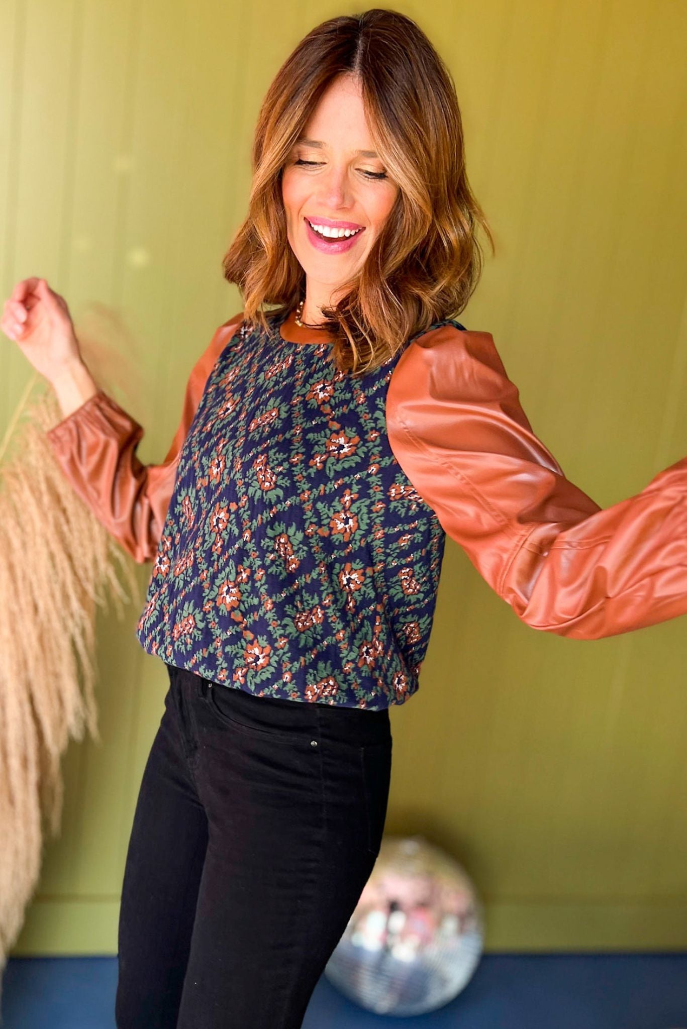 Camel Floral Printed Faux Leather Long Sleeve Top, must have top, must have style, must have fall, fall collection, fall fashion, elevated style, elevated top, mom style, fall style, shop style your senses by mallory fitzsimmons