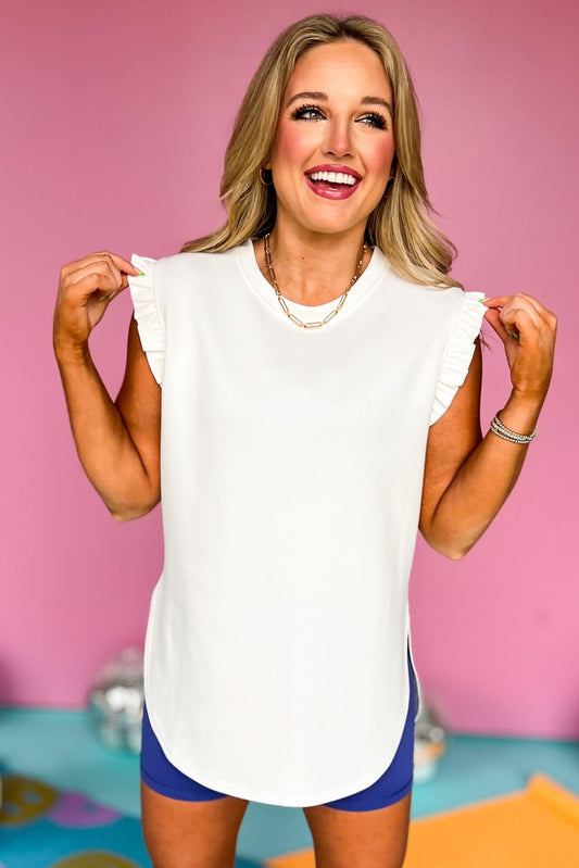  SSYS Ruffle Shoulder Air Fabric Top In Ivory, Spring athleisure, athleisure, elevated athleisure, must have top, athletic tops, athletic style, mom style, shop style your senses by mallory fitzsimmons, ssys by mallory fitzsimmons