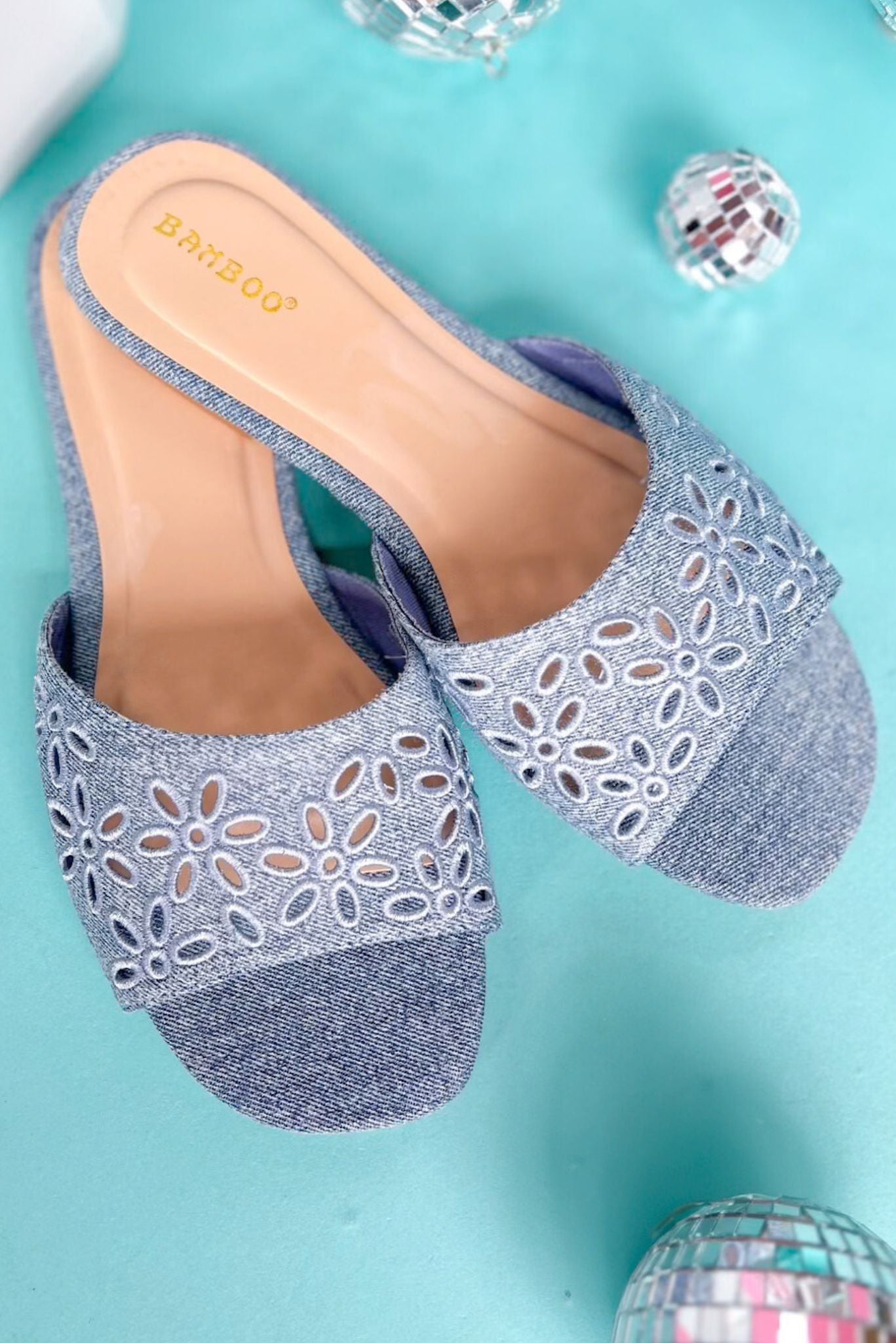  Blue Denim Embroidered One Band Slide Sandals, shoes, sandals, must have sandals, summer sandals, elevated style, ssys by MALLORY FITZSIMMONS