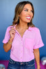 Pink Gauze Waffle Button Down Short Folded Sleeve Top, top, gauze waffle top, button down top, short sleeve top, folded sleeve top, pink top, pink gauze waffle top, pink button down top, pink short sleeve top, pink folded sleeve top, must have top, elevated top, elevated style, summer top, summer style, Sailing Through Summer, Shop Style Your Senses by Mallory Fitzsimmons, SSYS by Mallory Fitzsimmons