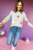 THML Grey Colorful Smiley Polka Dot Sweater, elevated style, elevated sweater, must have style, must have sweater, smiley sweater, smiley face, printed sweater, must have sweater, fall style, fall sweater, fun mom style, fun mom sweater, shop style your senses by mallory fitzsimmons