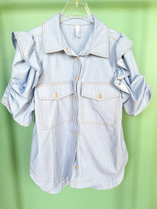 Blue Collared Button Down Ruffle Sleeve Top *FINAL SALE*