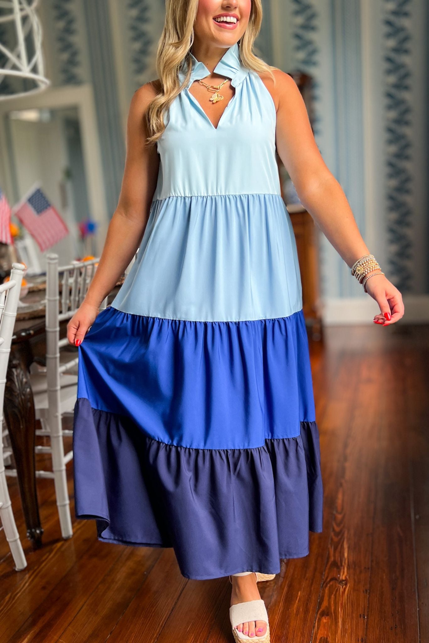 SSYS The Reagan Tiered Maxi Dress In Blue Colorblock, ssys top, ssys the label, elevated dress, must have dress, Fourth of July collection, must have style, mom style, summer style, shop style your senses by MALLORY FITZSIMMONS, ssys by MALLORY FITZSIMMONS