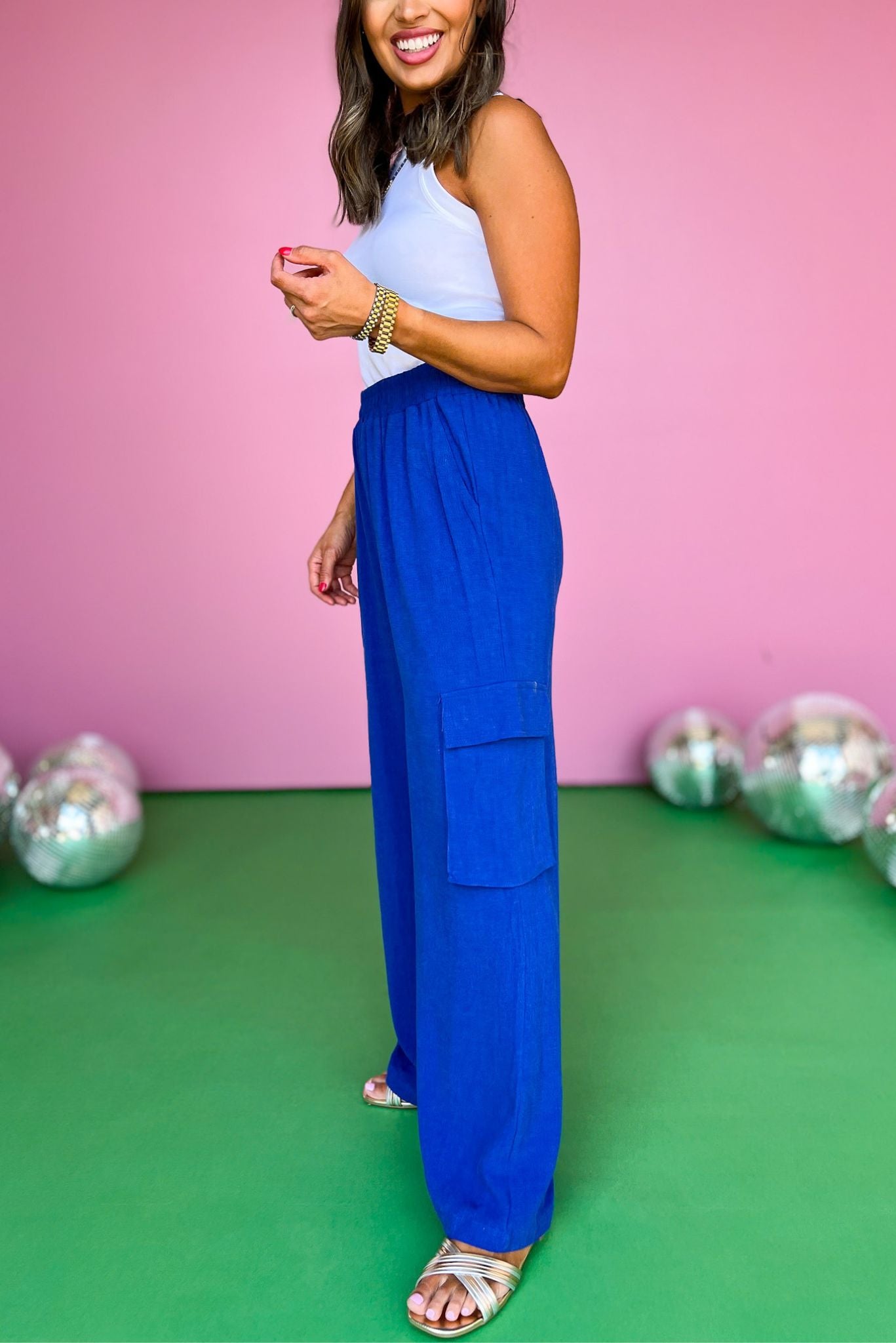 Cobalt Blue Linen Elastic Waist Wide Leg Cargo Pants *FINAL SALE*, must have pants, must have style, elevated pants, elevated pants, comfortable style, mom style, casual style, shop style your senses by Mallory Fitzsimmons, says by Mallory Fitzsimmons