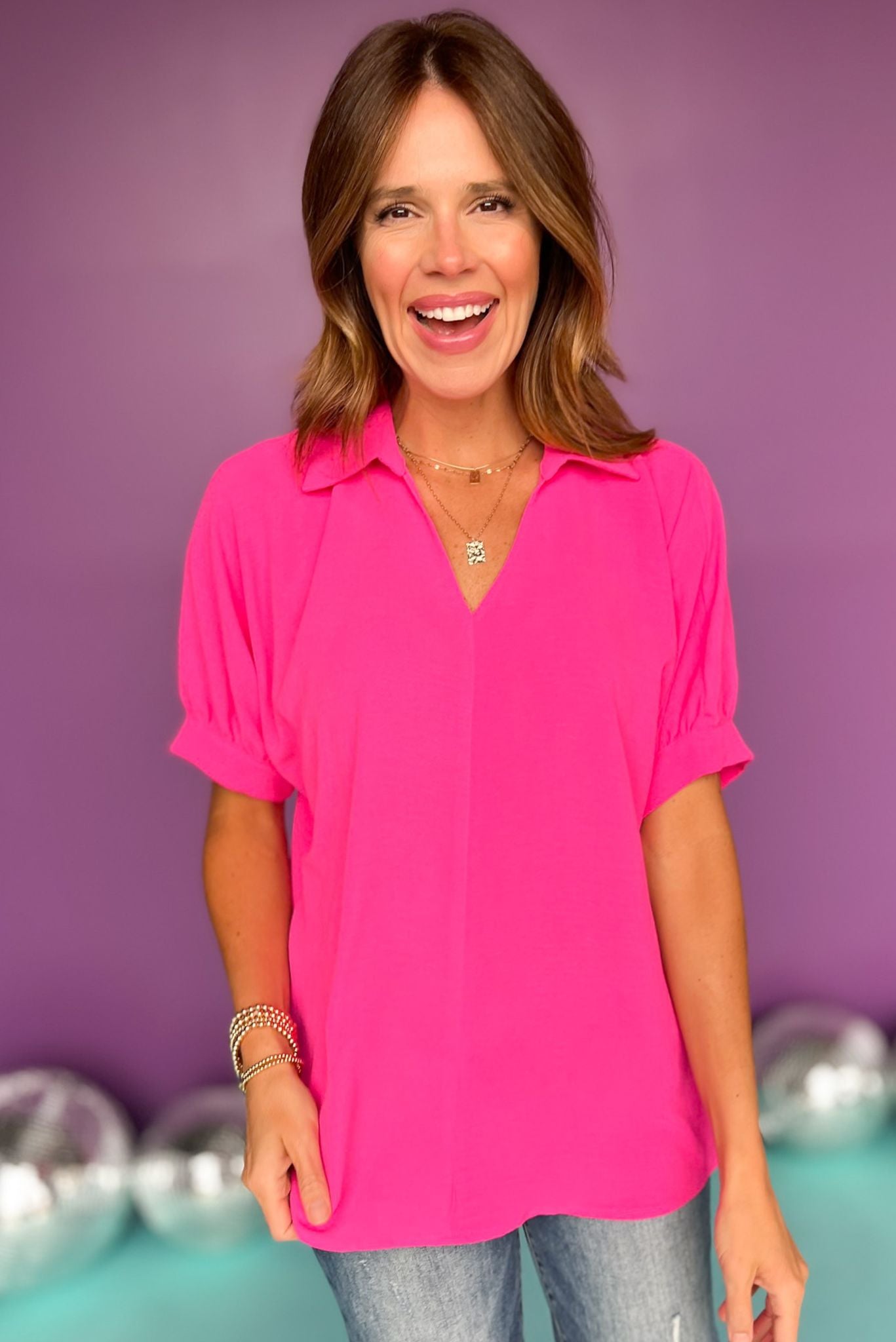 Hot Pink Collared V Neck Short Sleeve Top, top, collared top, v neck top, short sleeve top, hot pink top, hot pink collared top, hot pink v neck top, hot pink short sleeve top, must have top, elevated top, elevated style, Shop Style Your Senses by Mallory Fitzsimmons, SSYS by Mallory Fitzsimmons