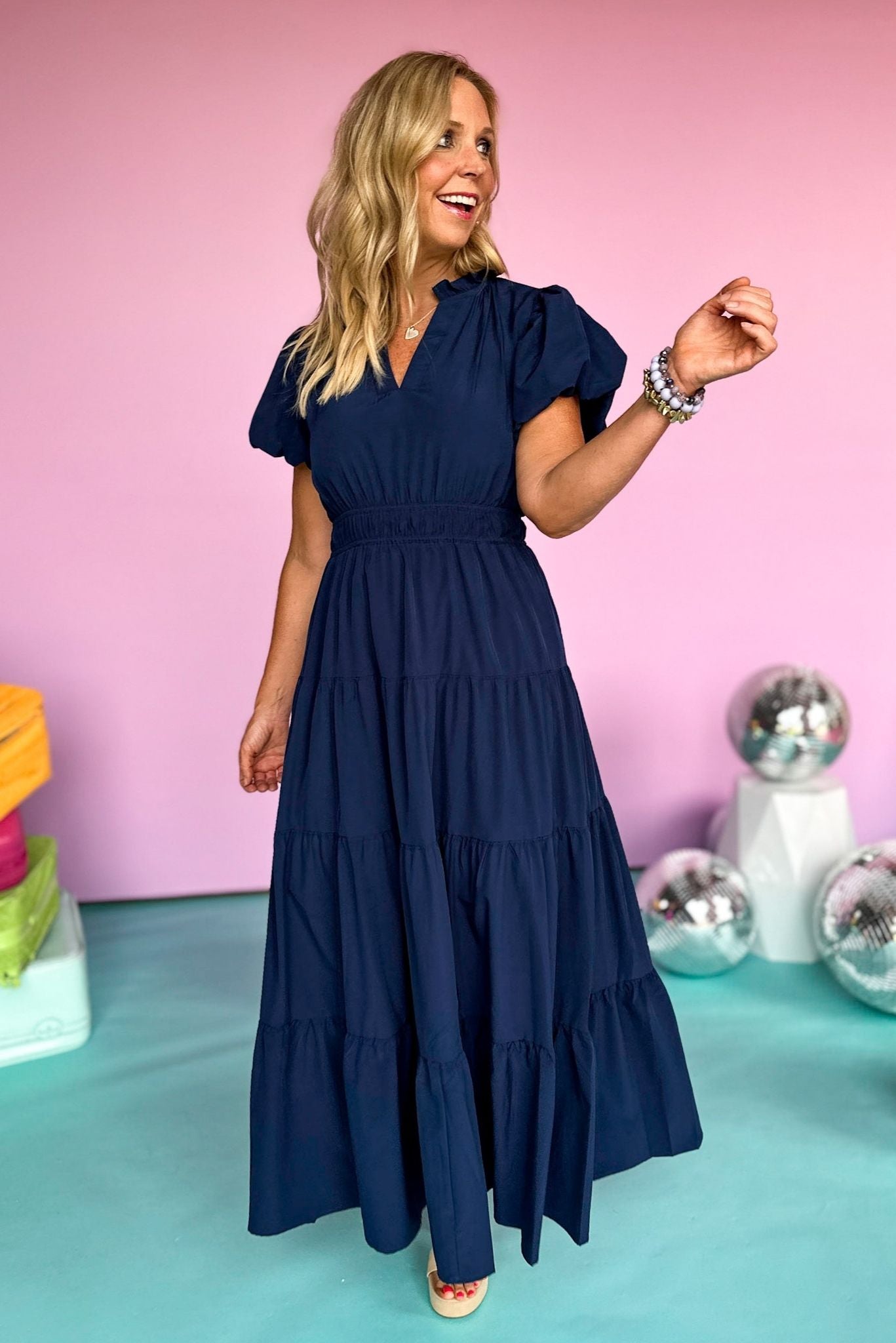 Navy Split Neck Puff Short Sleeve Tiered Midi Dress, summer dress, elevated style, midi dress, shop style your senses by mallory fitzsimmons