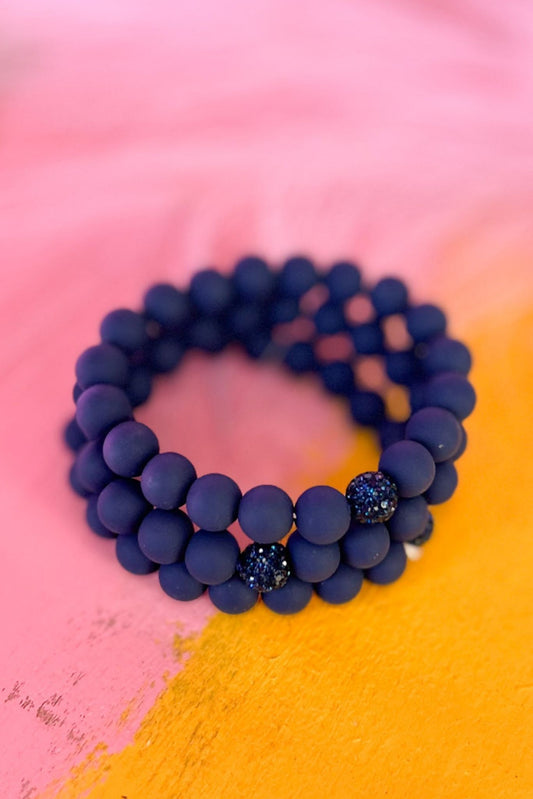 Navy Matte Round Bead With Rhinestone Bead Bracelet Stack,, must have, mom style, elevated look, shop style your senses by mallory fitzsimmons