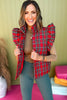 Red Plaid Ruffle Shoulder Vest, mus have vest, must have style, plaid vest, fall fashion, fall style, fall vest, affordable fashion, mom style, elevated style, elevated vest, ruffle shoulder, shop style your senses by mallory fitzsimmons