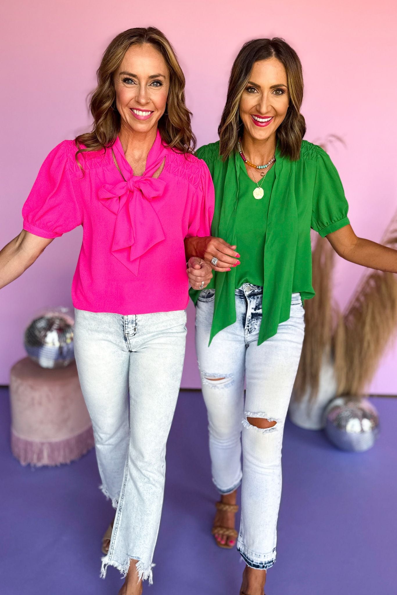 hot pink ribbon tie neck short sleeve top, summer staple, work to weekend, elevated basic, easy to wear top, mom style, pair with shorts, dress up or down, shop style your senses by mallory fitzsimmons