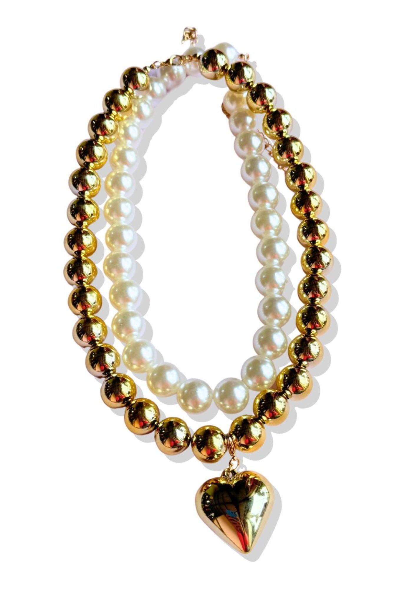 Gold Puffy Heart Layered Ball Bead Necklace