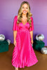 Fuchsia Satin V Neck Elbow Sleeve Pleated Midi Dress, must have dress, pleated dress, must have wedding, wedding guest dress, elevated style, chic style, wedding style, mom style, shop style your senses by mallory fitzsimmons