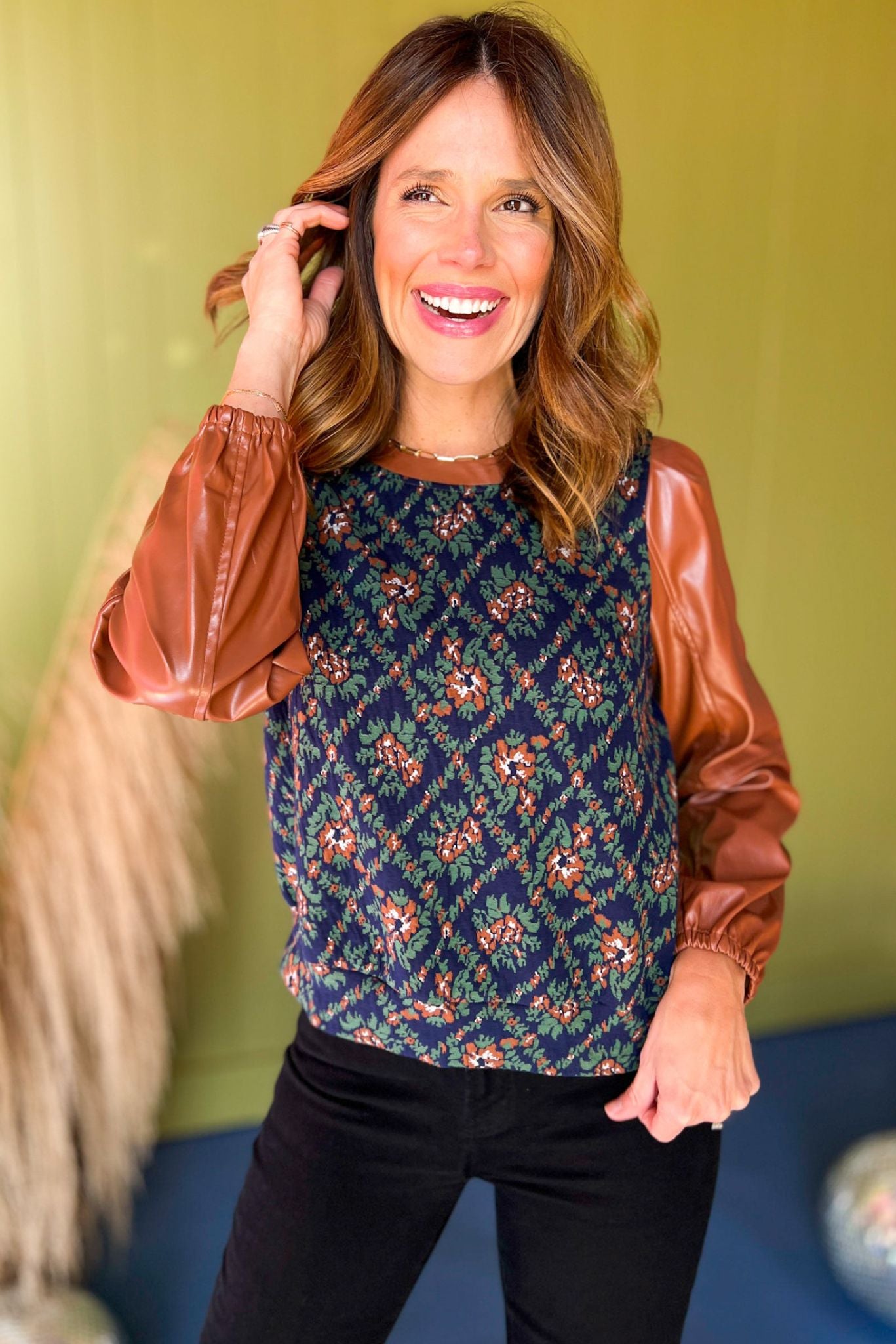 Camel Floral Printed Faux Leather Long Sleeve Top, must have top, must have style, must have fall, fall collection, fall fashion, elevated style, elevated top, mom style, fall style, shop style your senses by mallory fitzsimmons