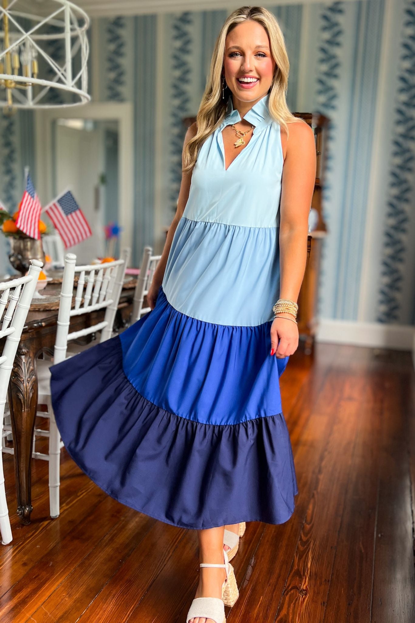 SSYS The Reagan Tiered Maxi Dress In Blue Colorblock, ssys top, ssys the label, elevated dress, must have dress, Fourth of July collection, must have style, mom style, summer style, shop style your senses by MALLORY FITZSIMMONS, ssys by MALLORY FITZSIMMONS