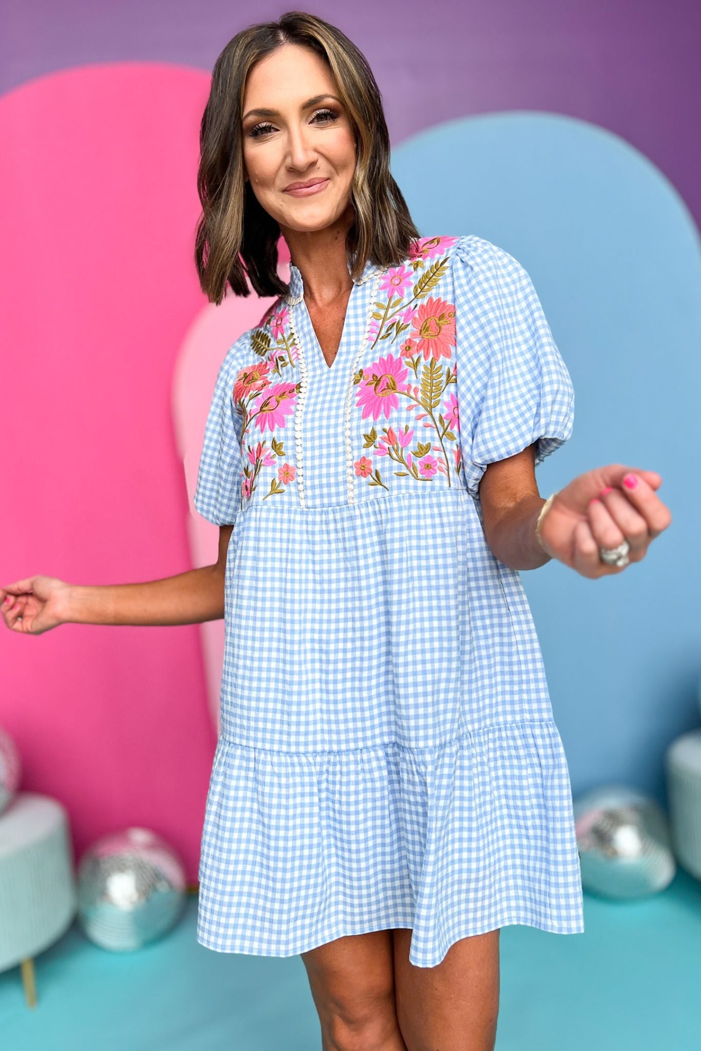 THML Blue Gingham Embroidered Detail Dress, gingham dress, thml dress, must have dress, must have style, brunch style, spring fashion, elevated style, elevated dress, mom style, shop style your senses by mallory fitzsimmons, ssys by mallory fitzsimmons