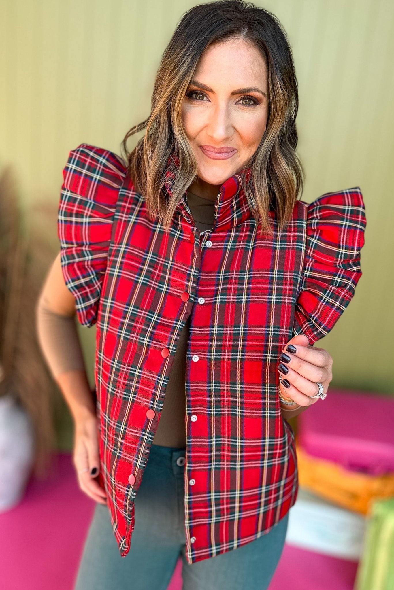  Red Plaid Ruffle Shoulder Vest, mus have vest, must have style, plaid vest, fall fashion, fall style, fall vest, affordable fashion, mom style, elevated style, elevated vest, ruffle shoulder, shop style your senses by mallory fitzsimmons