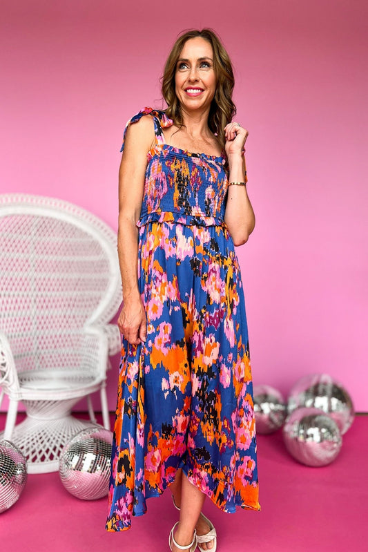 Blue Abstract Printed Smocked Bodice Self Tie Midi Dress, summer dress, brunch style, elevated style, shop style your senses by mallory fitzsimmons