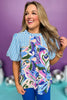 Turquoise Contrast Print Frill Neck Short Puff Sleeve Top, mixed print top, must have top, must have style, brunch style, summer style, spring fashion, elevated style, elevated top, mom style, shop style your senses by mallory fitzsimmons, ssys by mallory fitzsimmons