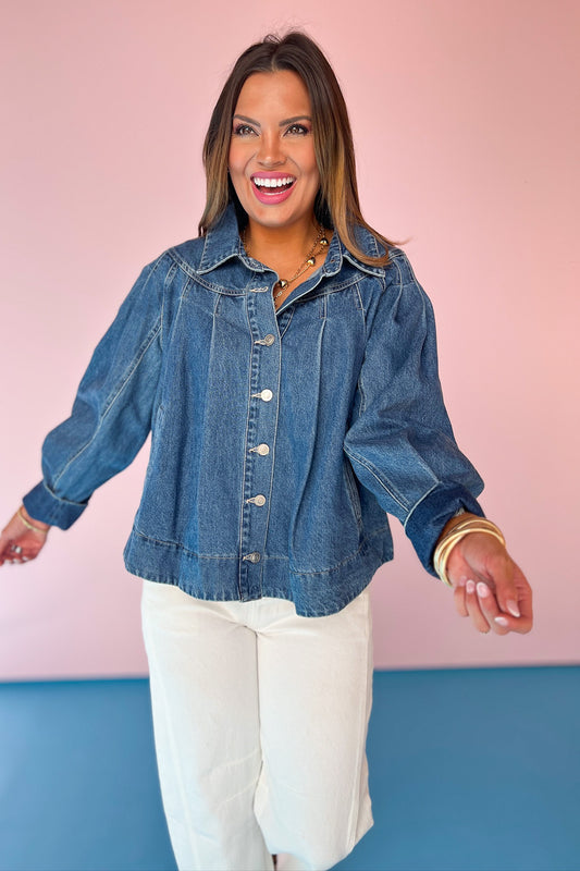 Denim Pleated Yoke Contrast Stitching Detail Jacket, button detail, universal, work top, church top, ssys by mallory fitzsimmons