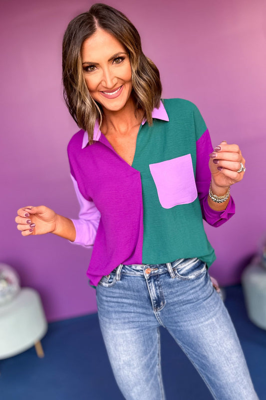 Purple Colorblock Pocket Detail Collared Long Sleeve Top, must have top, must have style, must have fall, fall collection, fall fashion, elevated style, elevated top, mom style, fall style, shop style your senses by mallory fitzsimmons