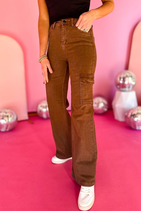 Risen Espresso Brown High Rise Cargo Wide Leg Pants, must have jeans, must have style, must have comfortable style, spring fashion, spring style, street style, mom style, elevated comfortable, elevated style, shop style your senses by mallory fitzsimmons