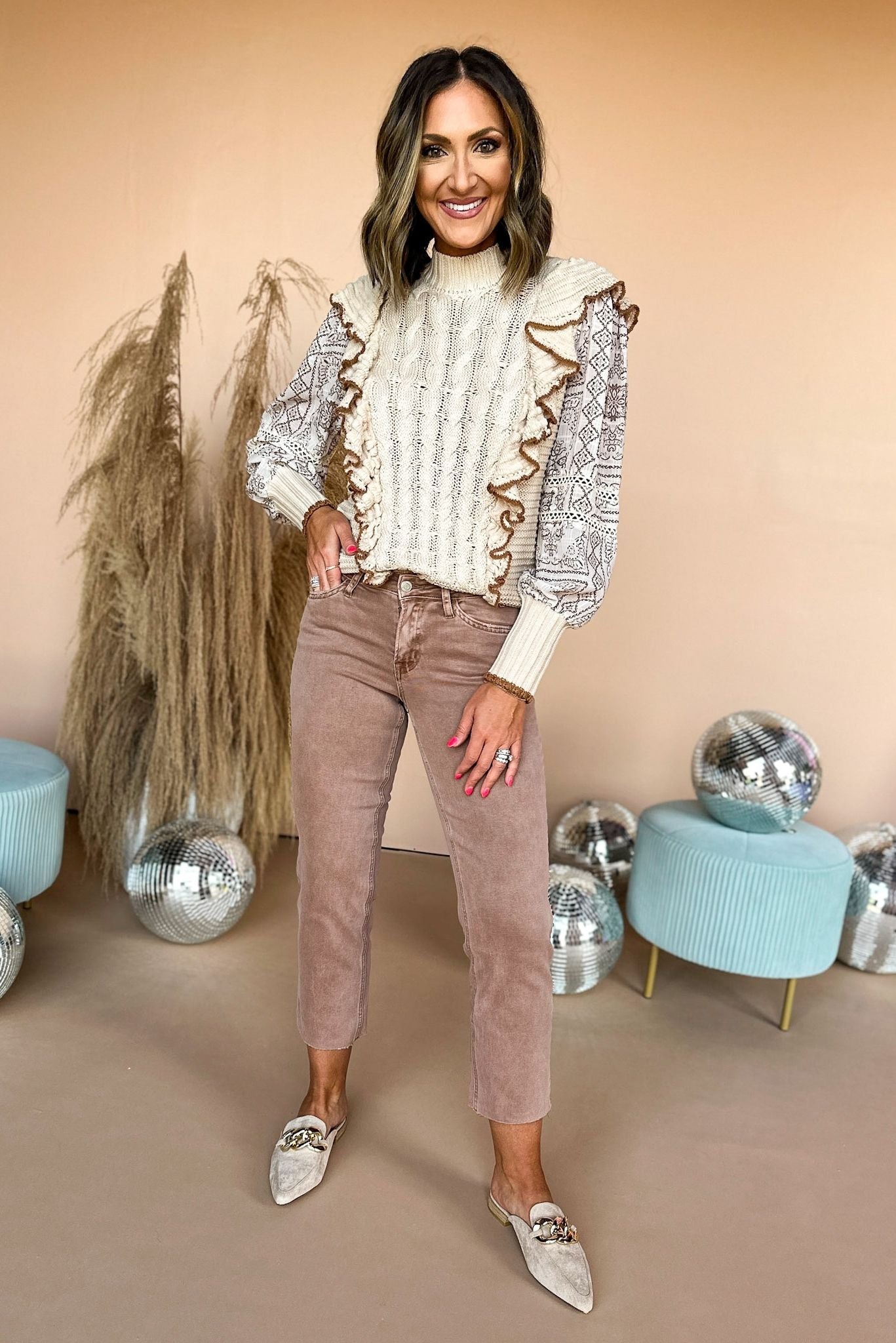 Taupe Ruffle Front Lace Detail Sweater Top, fall top, sweater top, must have fall, must have top, fall style, mom style, elevated style, lace detail top, shop style your senses by mallory fitzsimmons