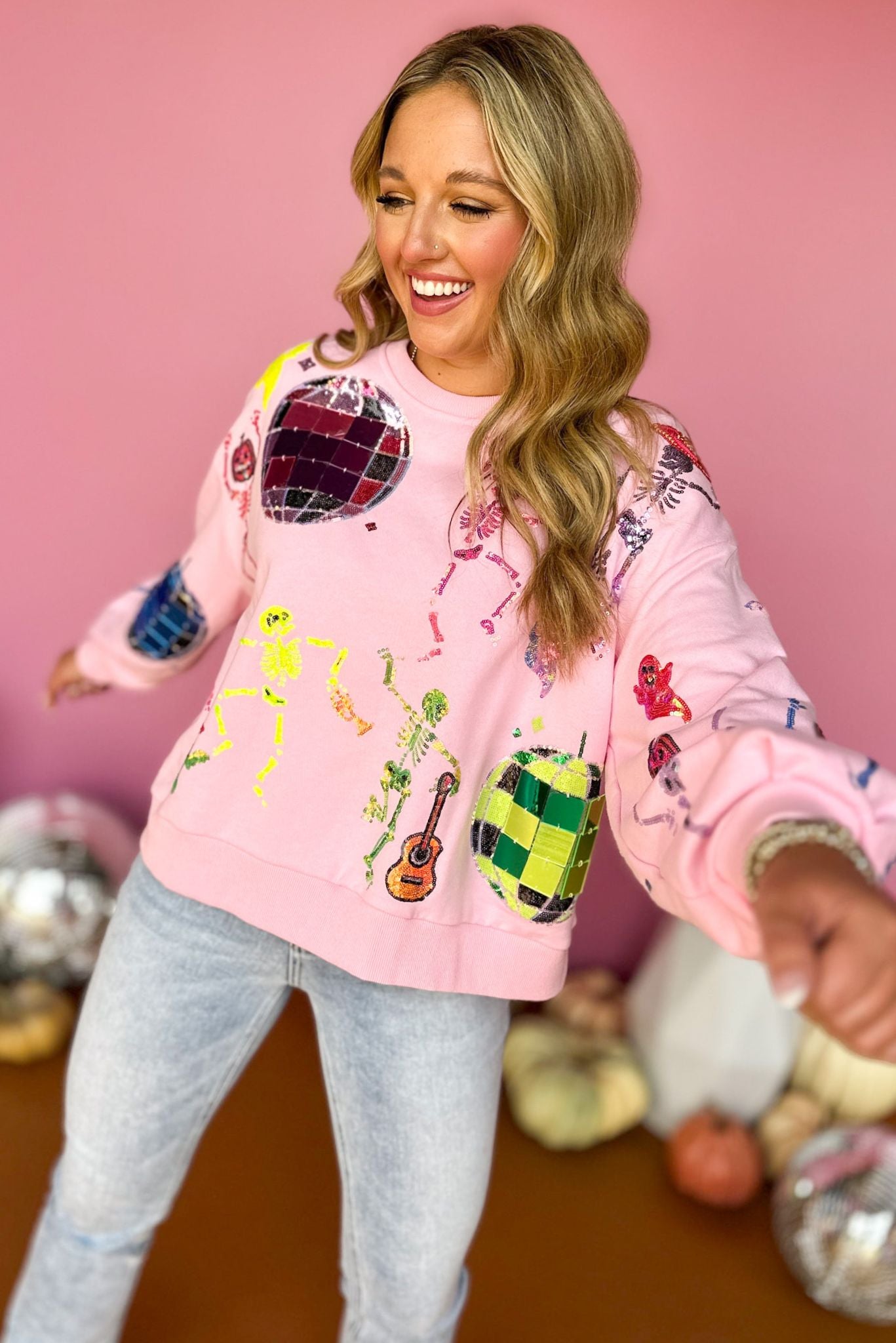 Queen Of Sparkles Pink Skelton Disco Party Sweatshirt, must have sweatshirt, must have style, must have sparkle, QOS, Queen of sparkles, fall fashion, elevated fall, elevated style, mom style, shop style your senses by mallory fitzsimmons