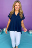 Navy Collared V Neck Short Sleeve Back Pleat Detail Top, pleated back top, must have top, must have style, summer style, spring fashion, elevated style, elevated top, mom style, shop style your senses by mallory fitzsimmons, ssys by mallory fitzsimmons  Edit alt text
