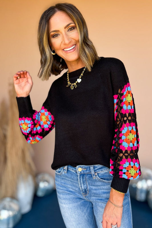 Black Knit Crochet Long Sleeve Sweater, elevated style, elevated top, crochet top, crochet sleeve, must have top, must have style, must have fall, fall style, shop style your senses by mallory fitzsimmons