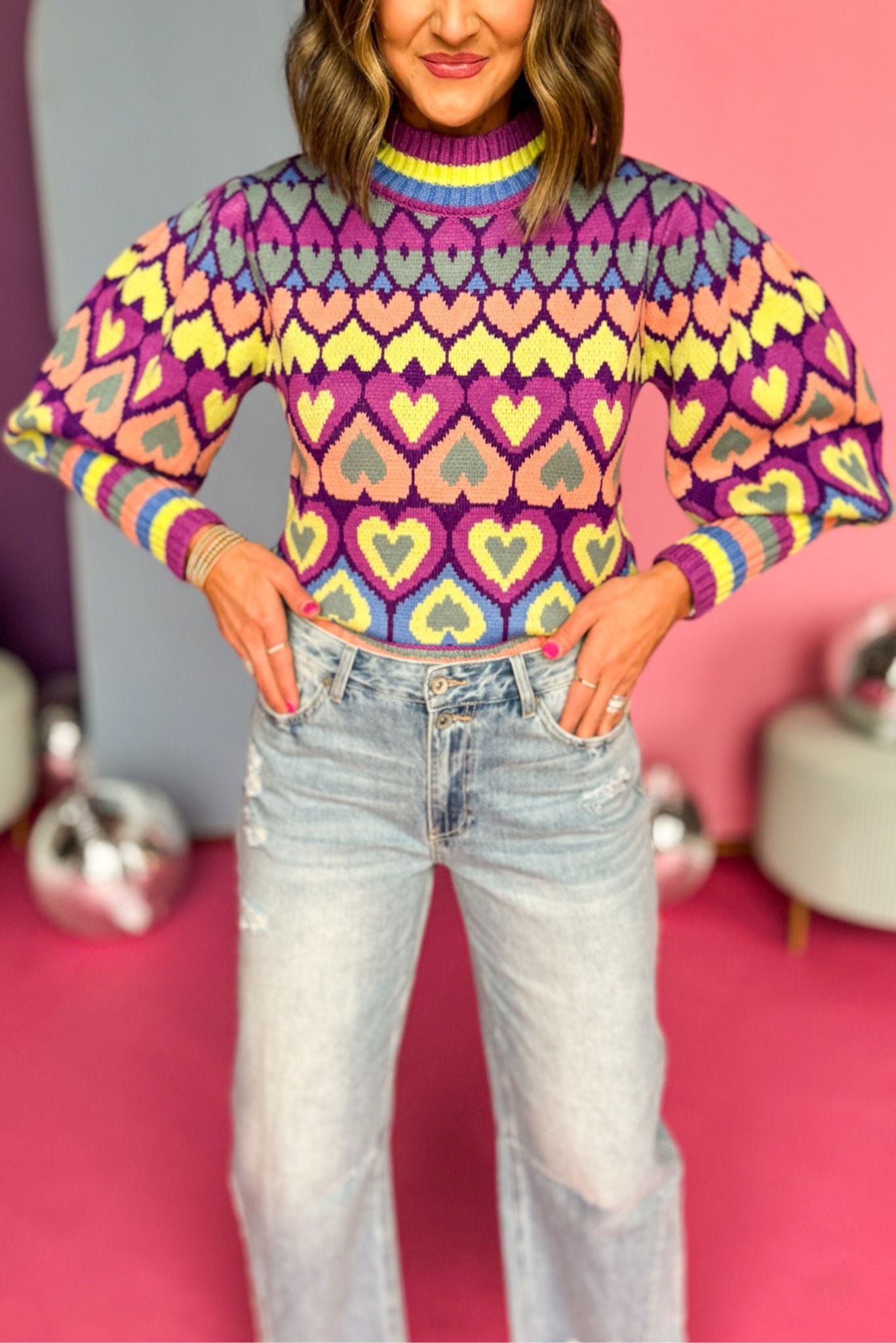 Karlie Purple Multi Heart Mock Sweater, must have sweater, must have style, winter style, winter fashion, elevated style, elevated dress, mom style, winter collection, winter sweater, shop style your senses by mallory fitzsimmons