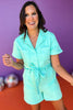 Mint Washed Collared Short Sleeve Tie Belt Waist Utility Romper, romper, utility style, spring style, spring fashion, bright romper, spring colors, elevated style, comfortable style, mom style, shop style your senses by mallory fitzsimmons, ssys by mallory fitzsimmons
