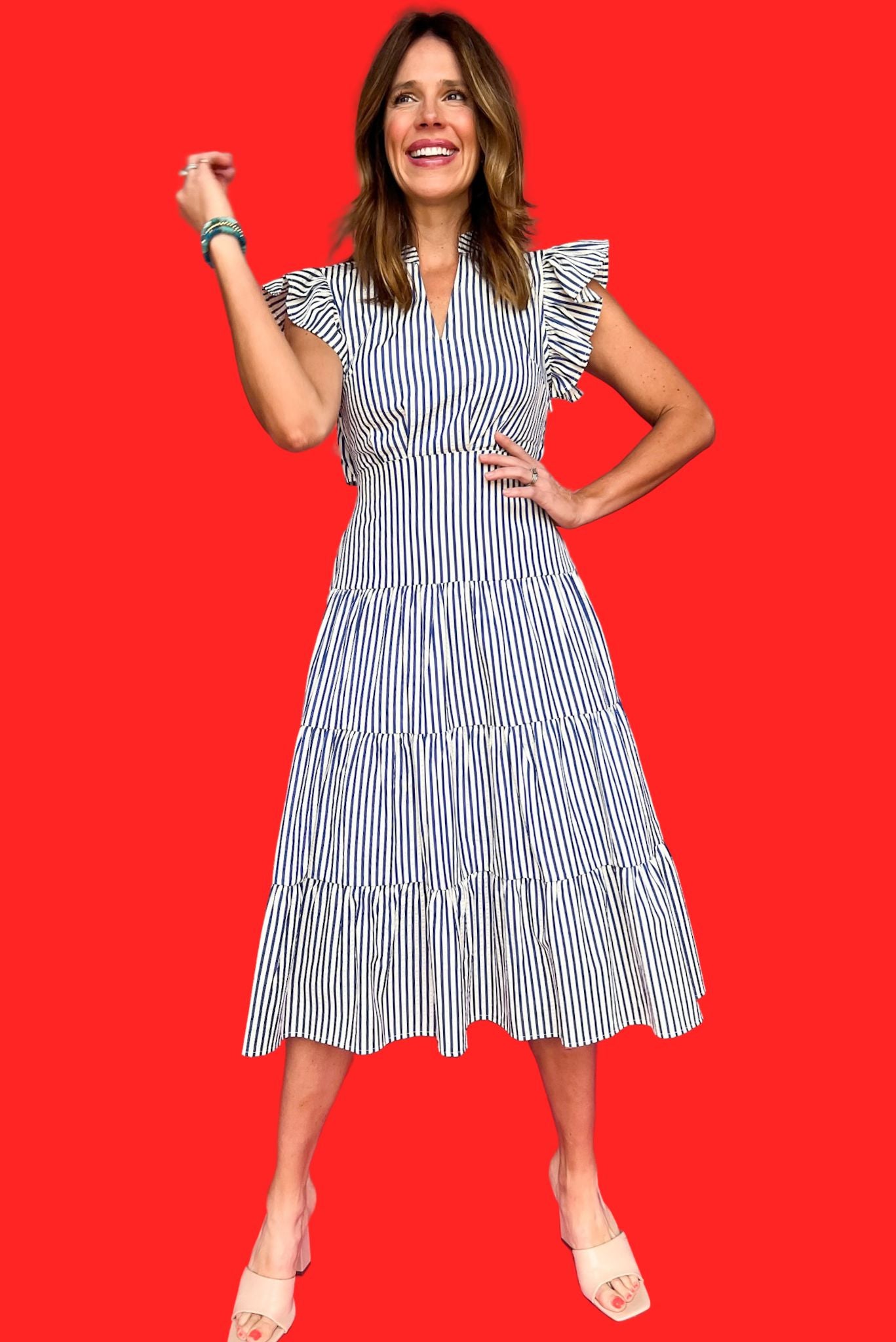 red and blue striped dress Blue Striped V Neck ruffle Sleeve Tiered Midi Dress – SSYS