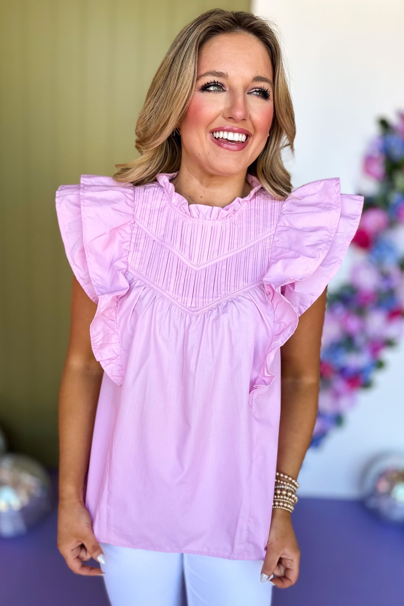 Light Pink Mock Neck Pleated Detail Yoke Short Sleeve Ruffled Top, must have top, must have style, brunch style, spring fashion, elevated style, elevated top, mom style, shop style your senses by mallory fitzsimmons, ssys by mallory fitzsimmons