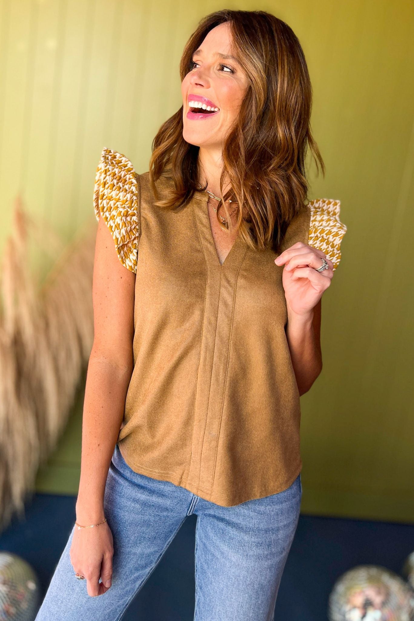 Taupe Split Neck Faux Leather Houndstooth Detail Sleeve Top, must have top, must have style, must have fall, fall collection, fall fashion, elevated style, elevated top, mom style, fall style, shop style your senses by mallory fitzsimmons