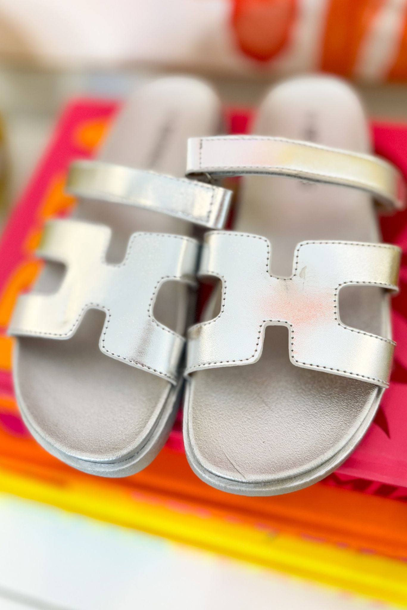 Silver Metallic Double Square Band Slide Sandals *FINAL SALE* *Final Sale*, shoes, sandals, designer inspired sandals, shop style your senses by mallory fitzsimmons