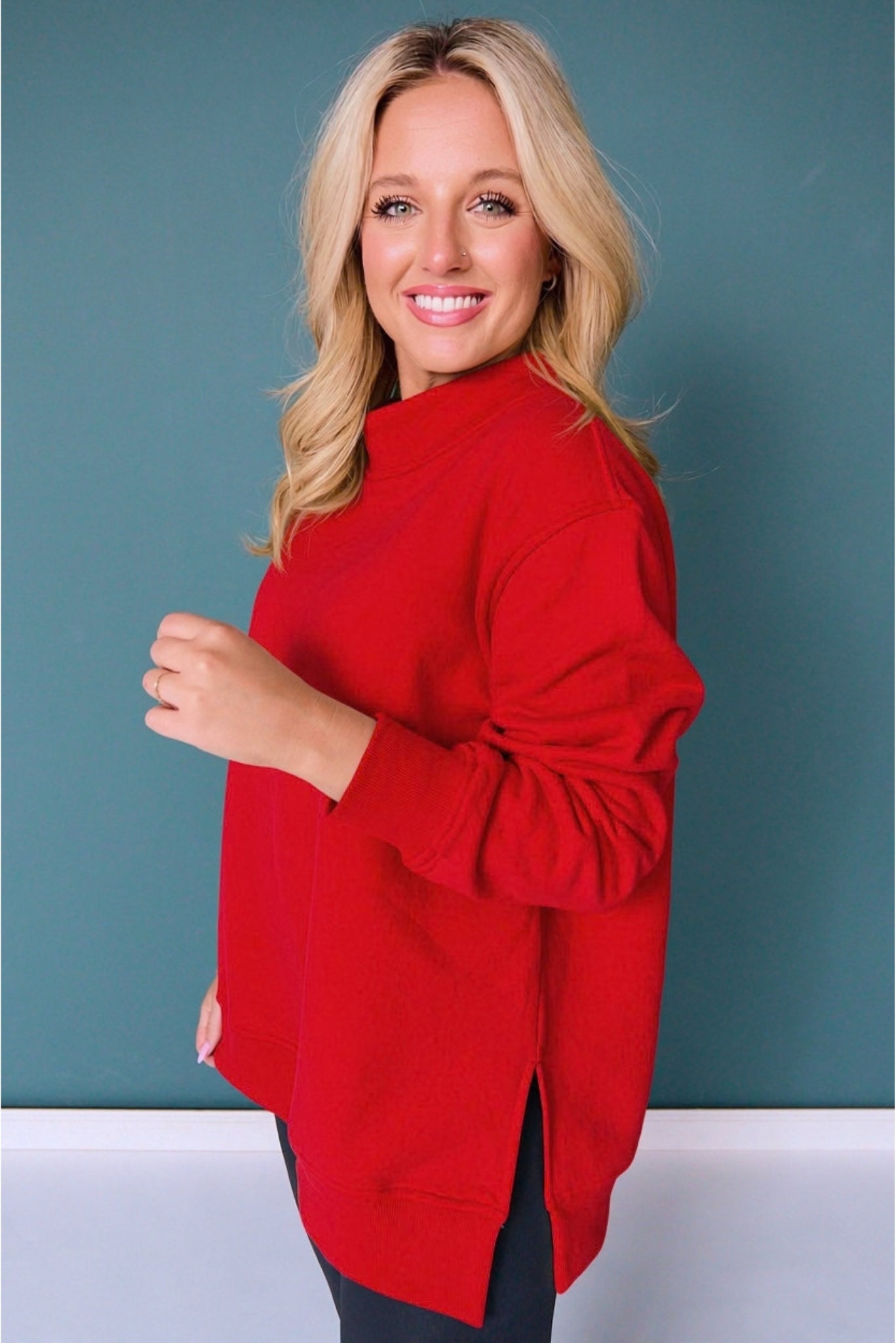 *PRE-ORDER ETA NOV* SSYS Foster Mock Neck Solid Sweatshirt In Red *FINAL SALE*