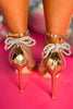 Gold Metallic Ankle Strap Rhinestone Bow Pointed Toe Heels, shoes, heels, must have heels, ssys by mallory fitzsimmons