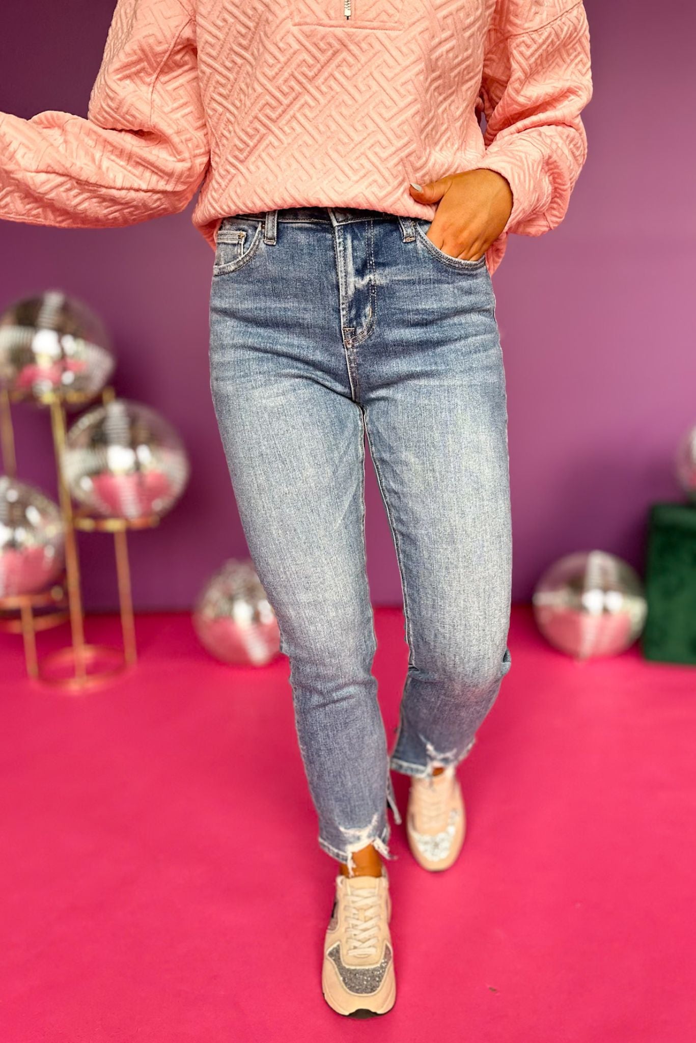 Mica Light Wash High Rise Straight Leg Side Slit Distressed Hem Jeans, must have jeans, must have style, must have comfortable style, spring fashion, spring style, street style, mom style, elevated comfortable, elevated style, shop style your senses by mallory fitzsimmons